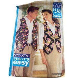 See and Sew 6889 Lined Vest Sewing Pattern Size B Large-XL Unisex Retro CUT
